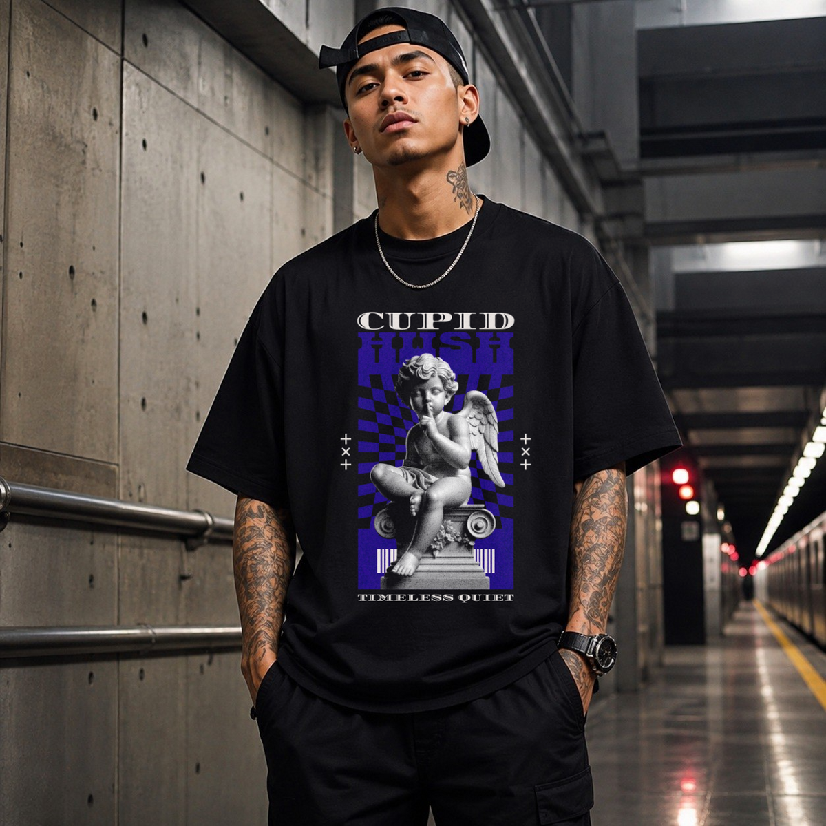 Cupid Hush Statue T-Shirt – Religious Imagery Collage Graphic Tee - Color: Black