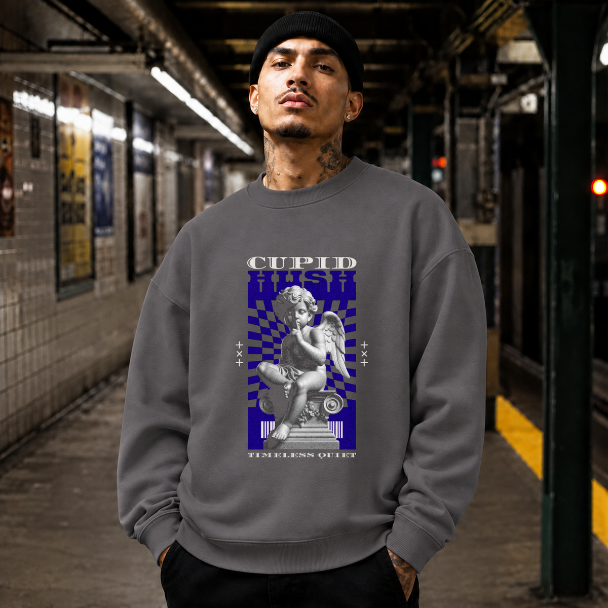 Cupid Hush Statue T-Shirt – Religious Imagery Collage Graphic Tee - Color: charcoal