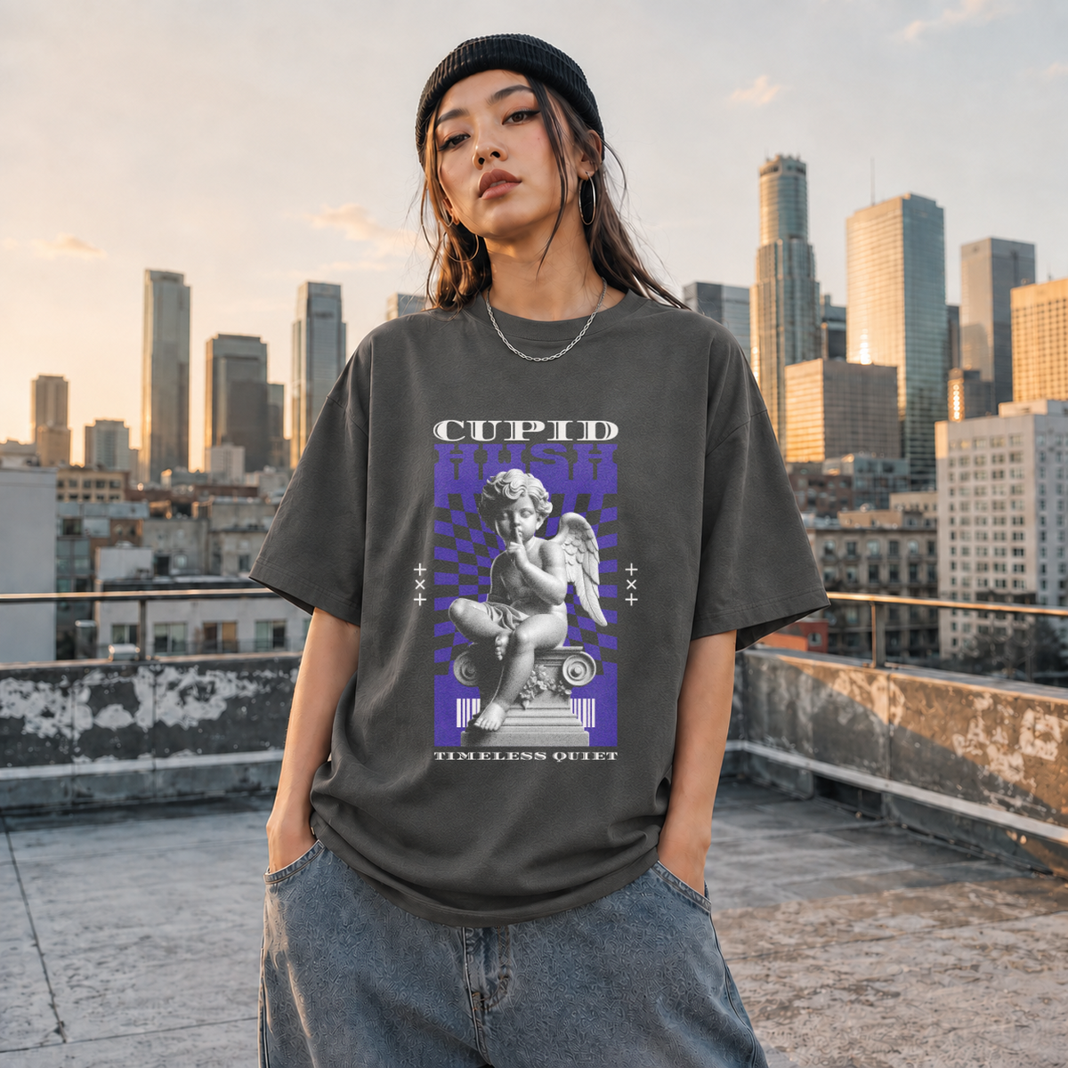 Cupid Hush Statue T-Shirt – Religious Imagery Collage Graphic Tee - Color: Dark Heather