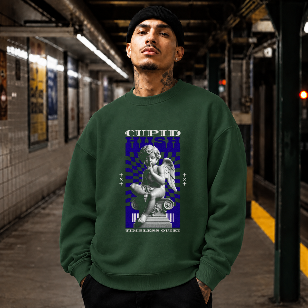 Cupid Hush Statue T-Shirt – Religious Imagery Collage Graphic Tee - Color: forest green