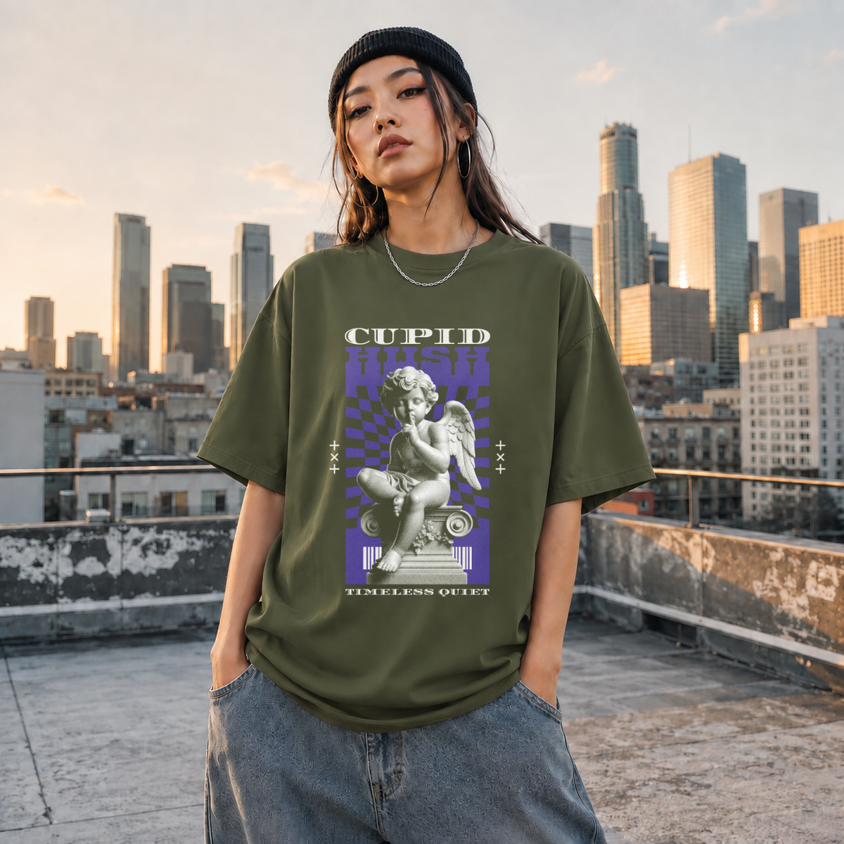 Cupid Hush Statue T-Shirt – Religious Imagery Collage Graphic Tee - Color: Millitary Green