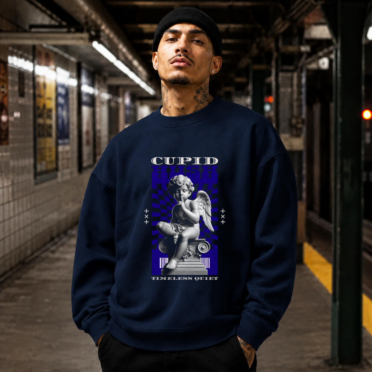 Cupid Hush Statue T-Shirt – Religious Imagery Collage Graphic Tee - Color: navy