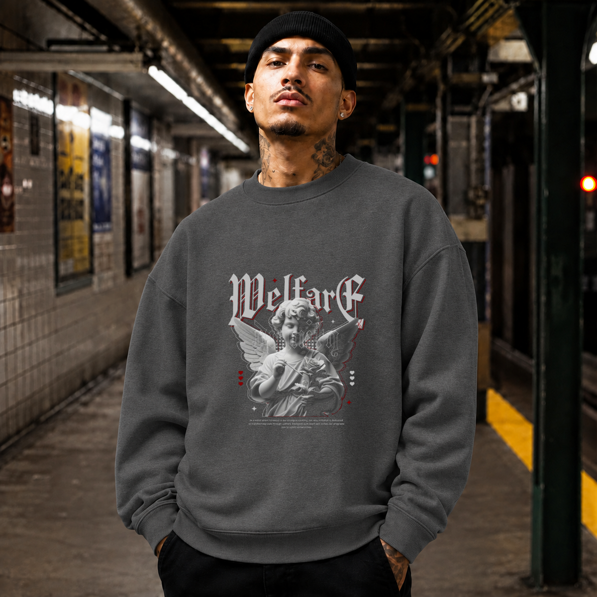 Cupid Love Welfare T-Shirt – Religious Imagery Collage Graphic Tee - Color: dark heather