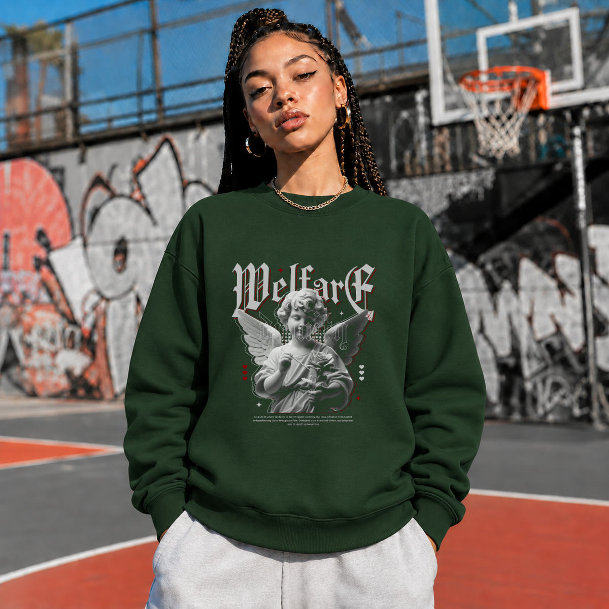 Cupid Love Welfare T-Shirt – Religious Imagery Collage Graphic Tee - Color: forest green