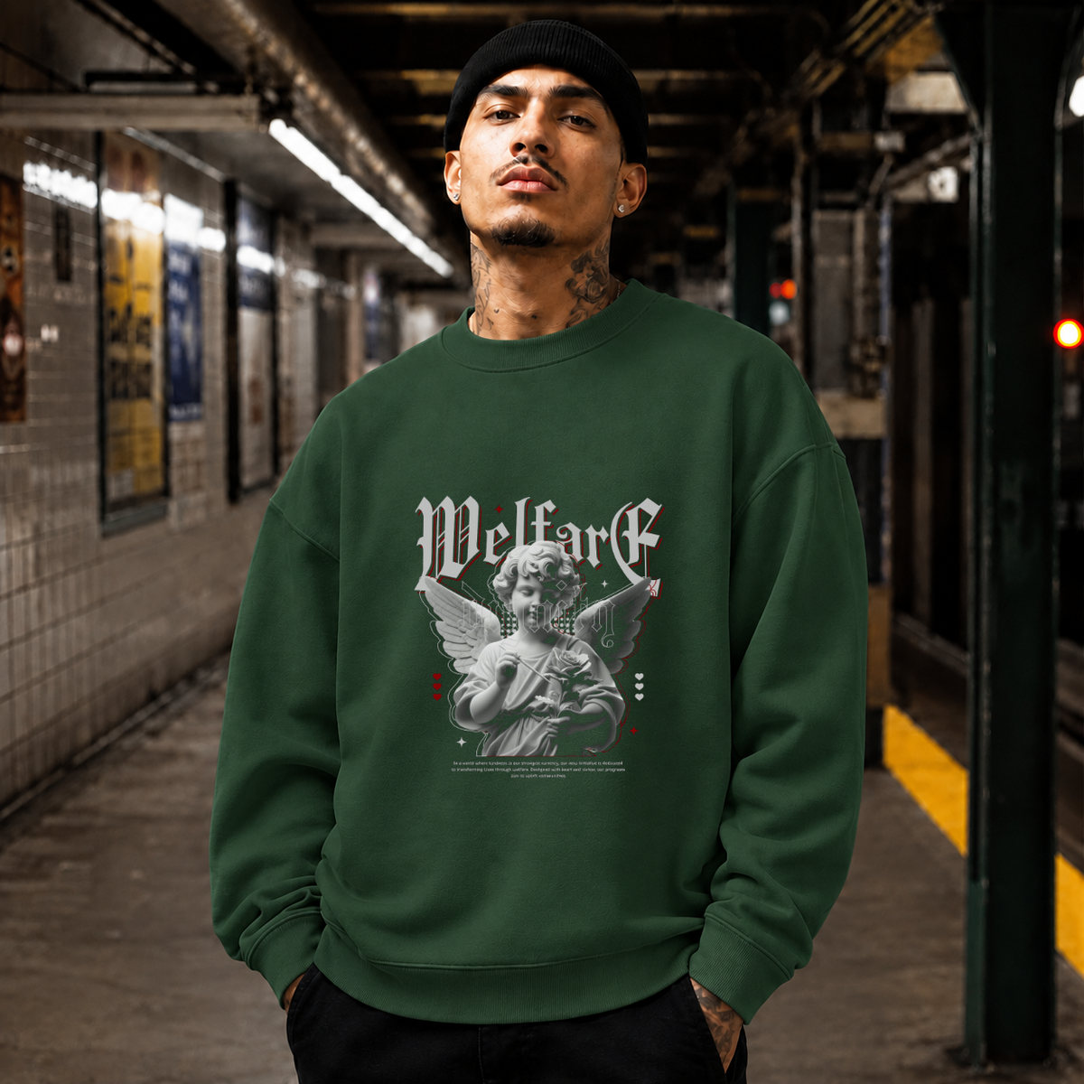 Cupid Love Welfare T-Shirt – Religious Imagery Collage Graphic Tee - Color: forest green