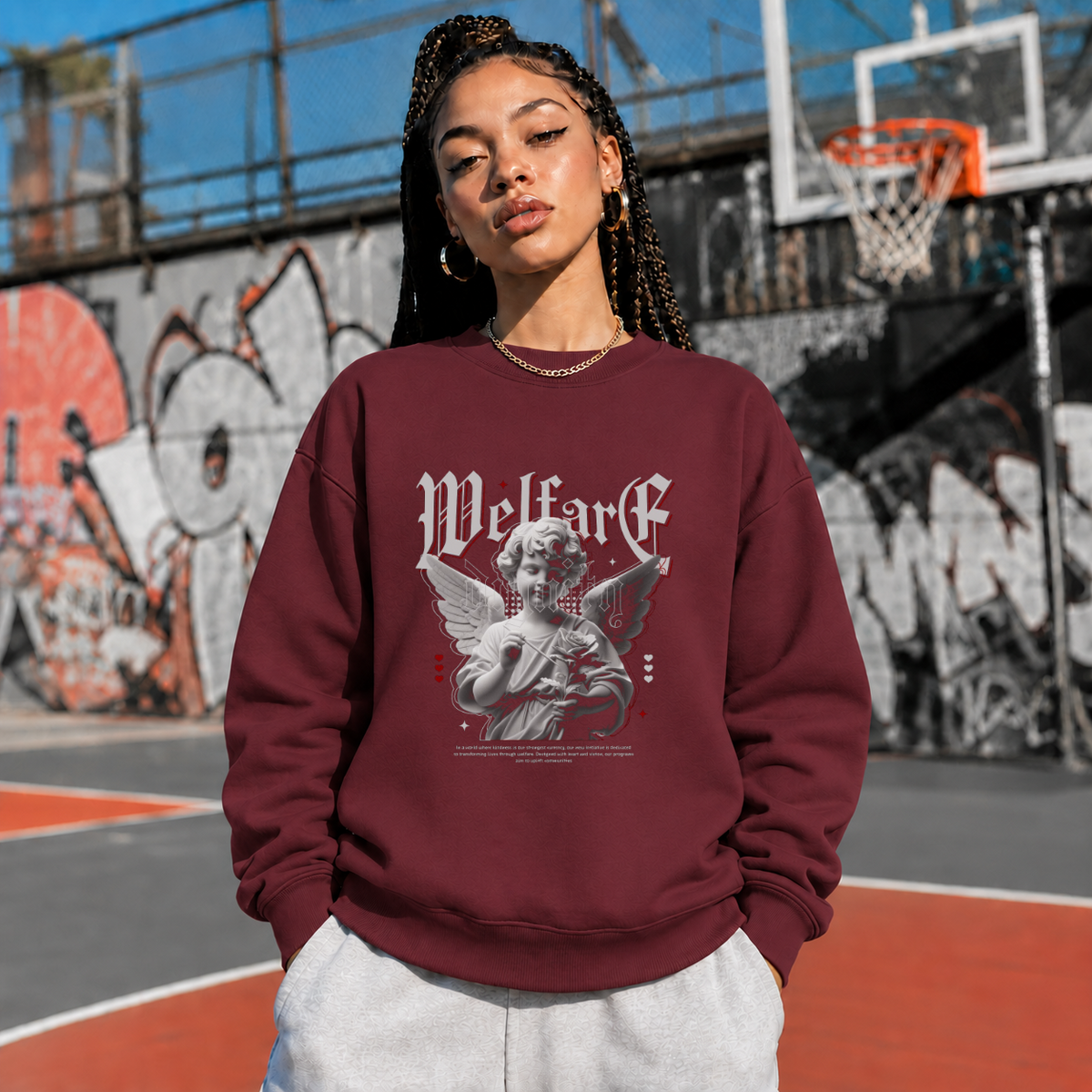 Cupid Love Welfare T-Shirt – Religious Imagery Collage Graphic Tee - Color: maroon