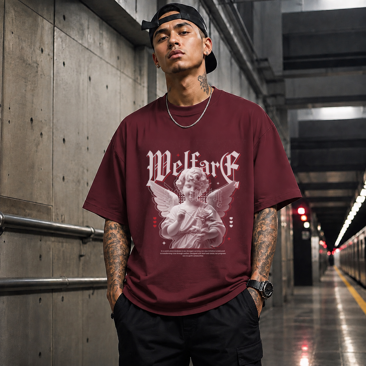 Cupid Love Welfare T-Shirt – Religious Imagery Collage Graphic Tee - Color: Maroon
