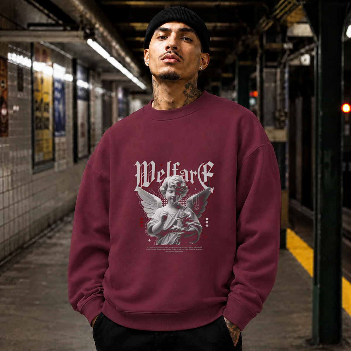 Cupid Love Welfare T-Shirt – Religious Imagery Collage Graphic Tee - Color: maroon
