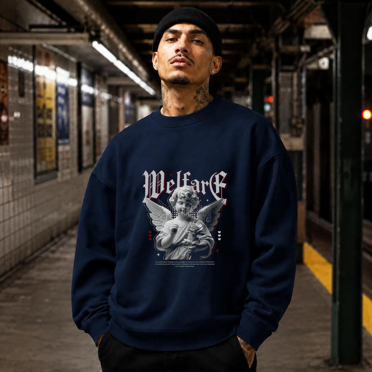 Cupid Love Welfare T-Shirt – Religious Imagery Collage Graphic Tee - Color: navy