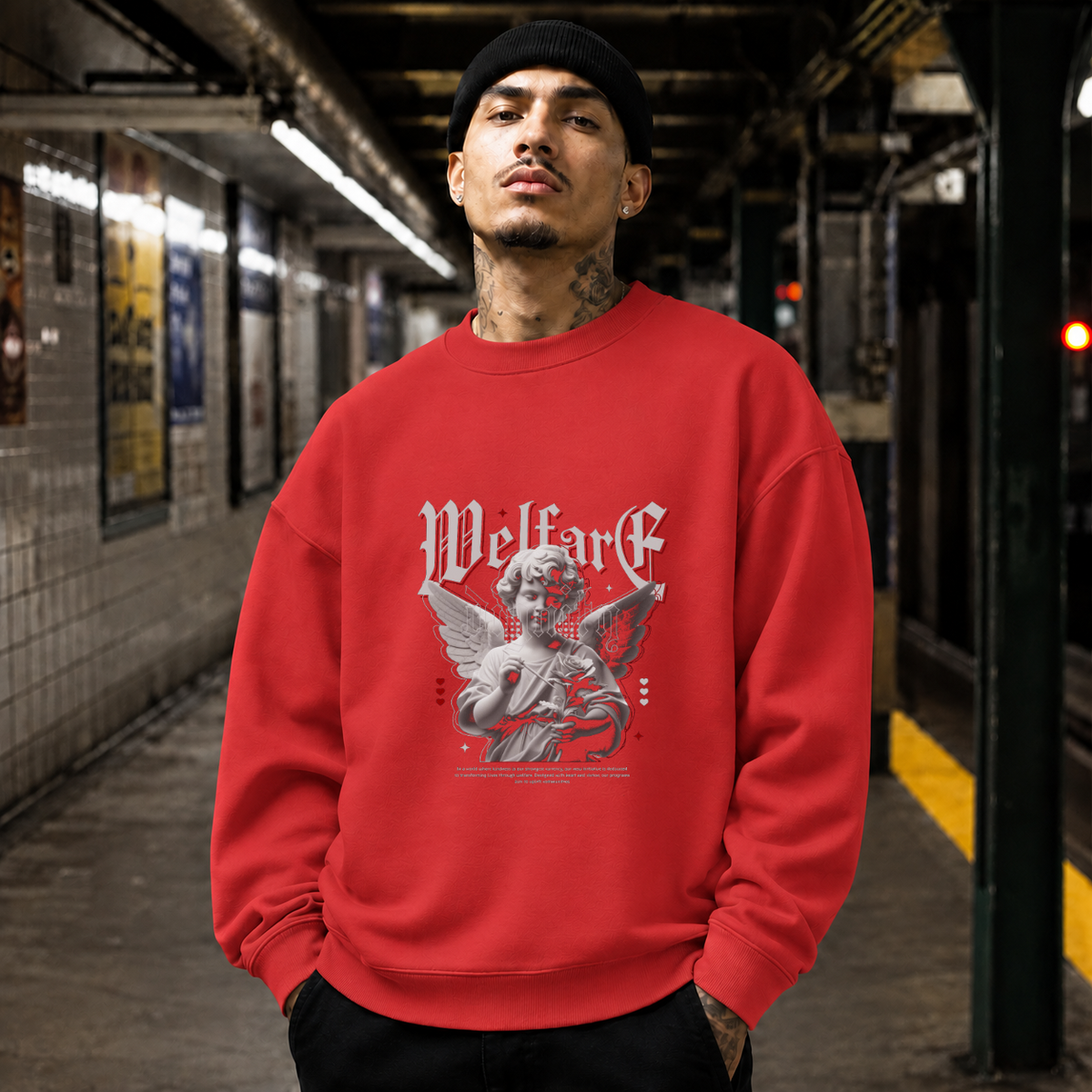 Cupid Love Welfare T-Shirt – Religious Imagery Collage Graphic Tee - Color: red