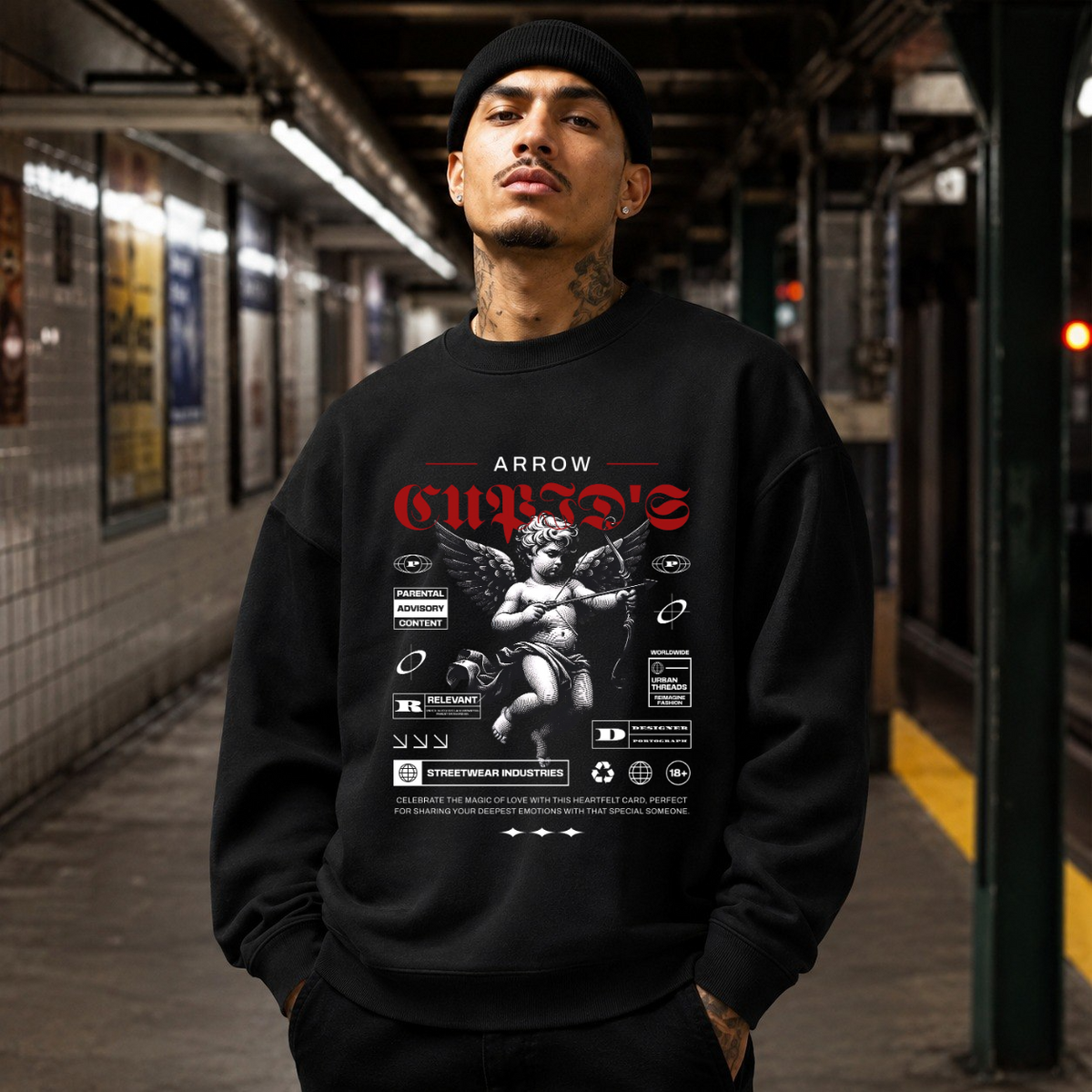 Cupid's Arrow Sweatshirt – Religious Imagery Collage Graphic Sweatshirt - Color: black