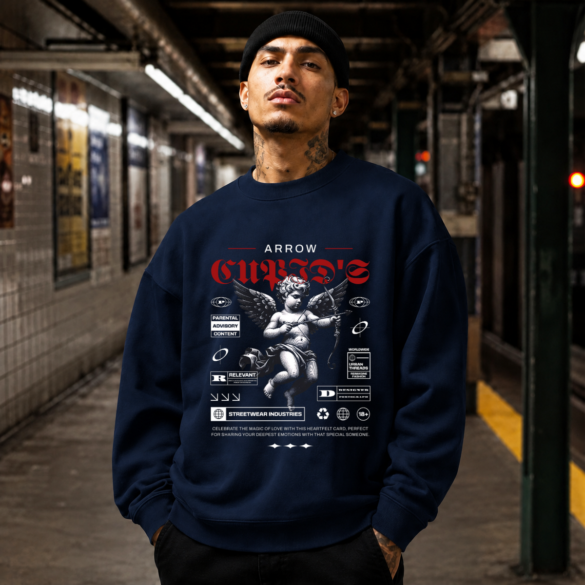 Cupid's Arrow Sweatshirt – Religious Imagery Collage Graphic Sweatshirt - Color: navy
