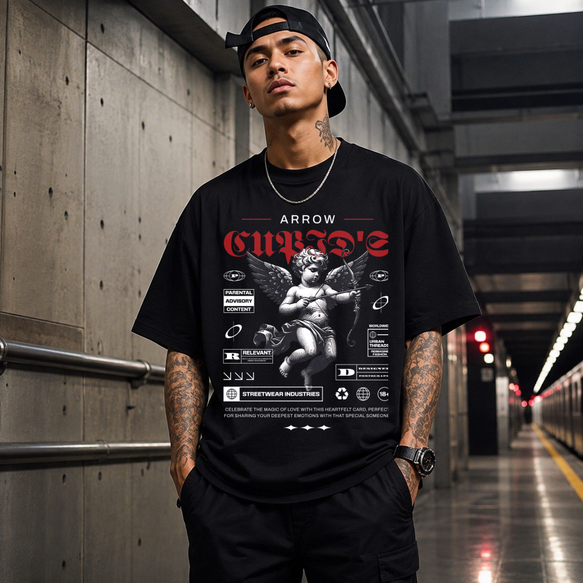 Cupid's Arrow T-Shirt – Religious Imagery Collage Graphic Tee - Color: Black
