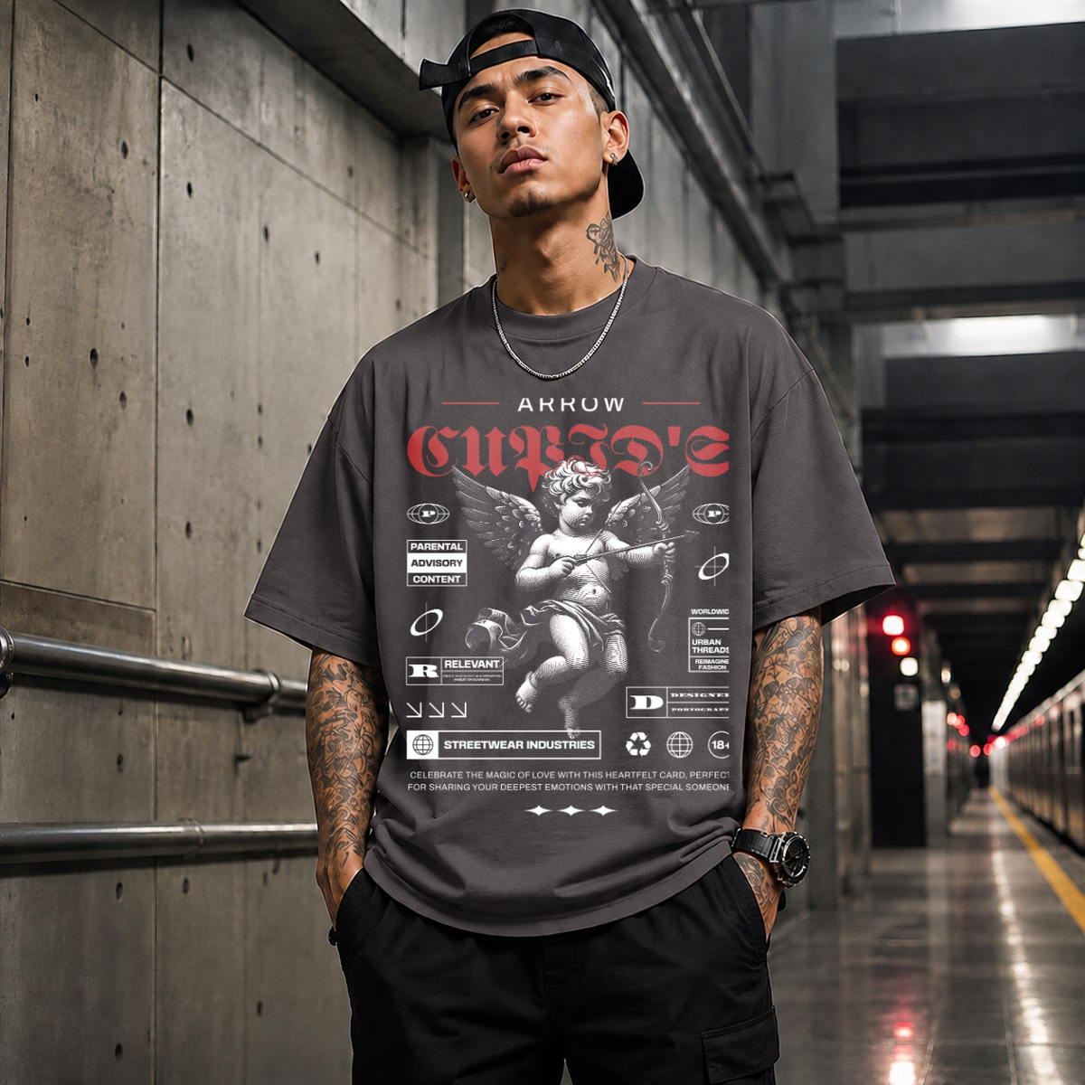 Cupid's Arrow T-Shirt – Religious Imagery Collage Graphic Tee - Color: Charcoal