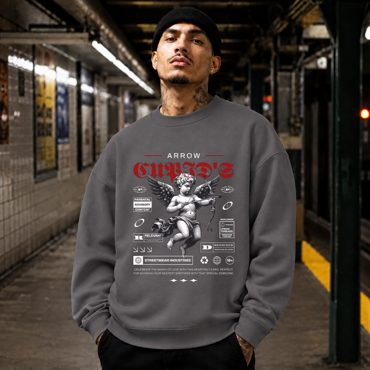 Cupid's Arrow T-Shirt – Religious Imagery Collage Graphic Tee - Color: charcoal