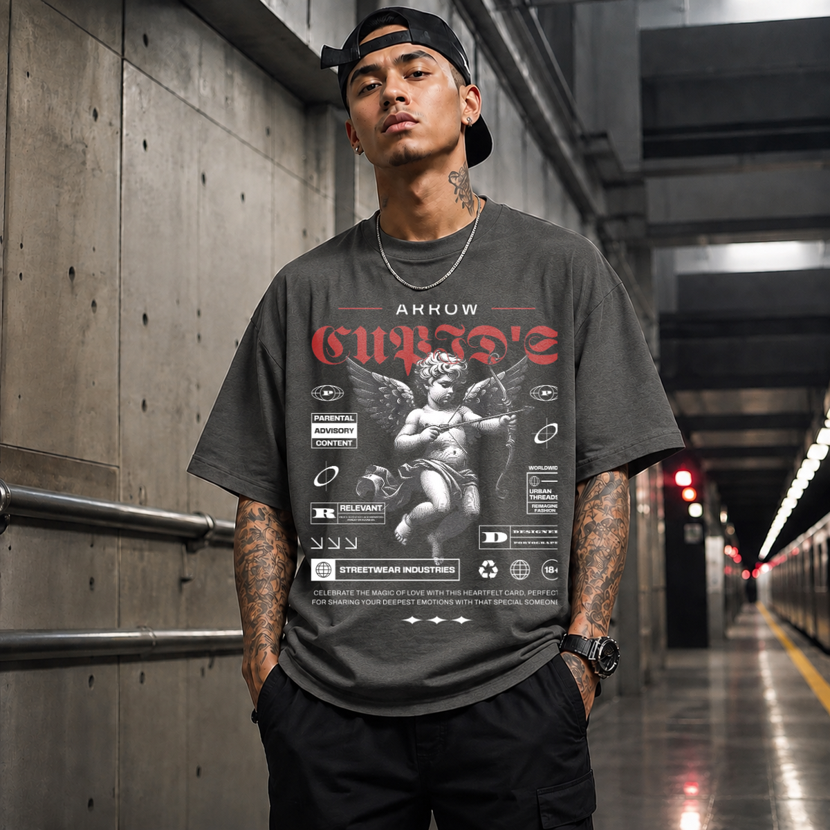 Cupid's Arrow T-Shirt – Religious Imagery Collage Graphic Tee - Color: Dark Heather
