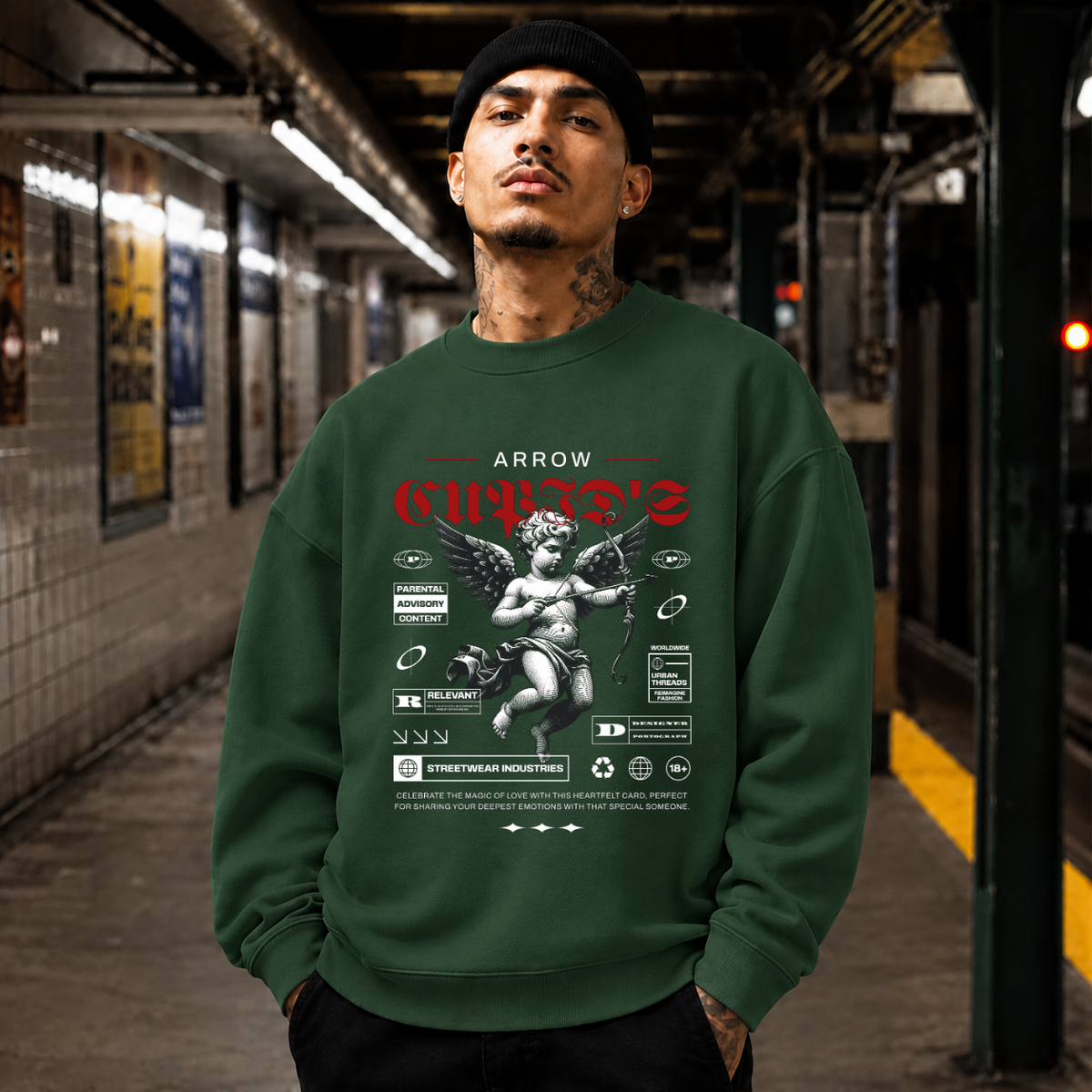 Cupid's Arrow T-Shirt – Religious Imagery Collage Graphic Tee - Color: forest green