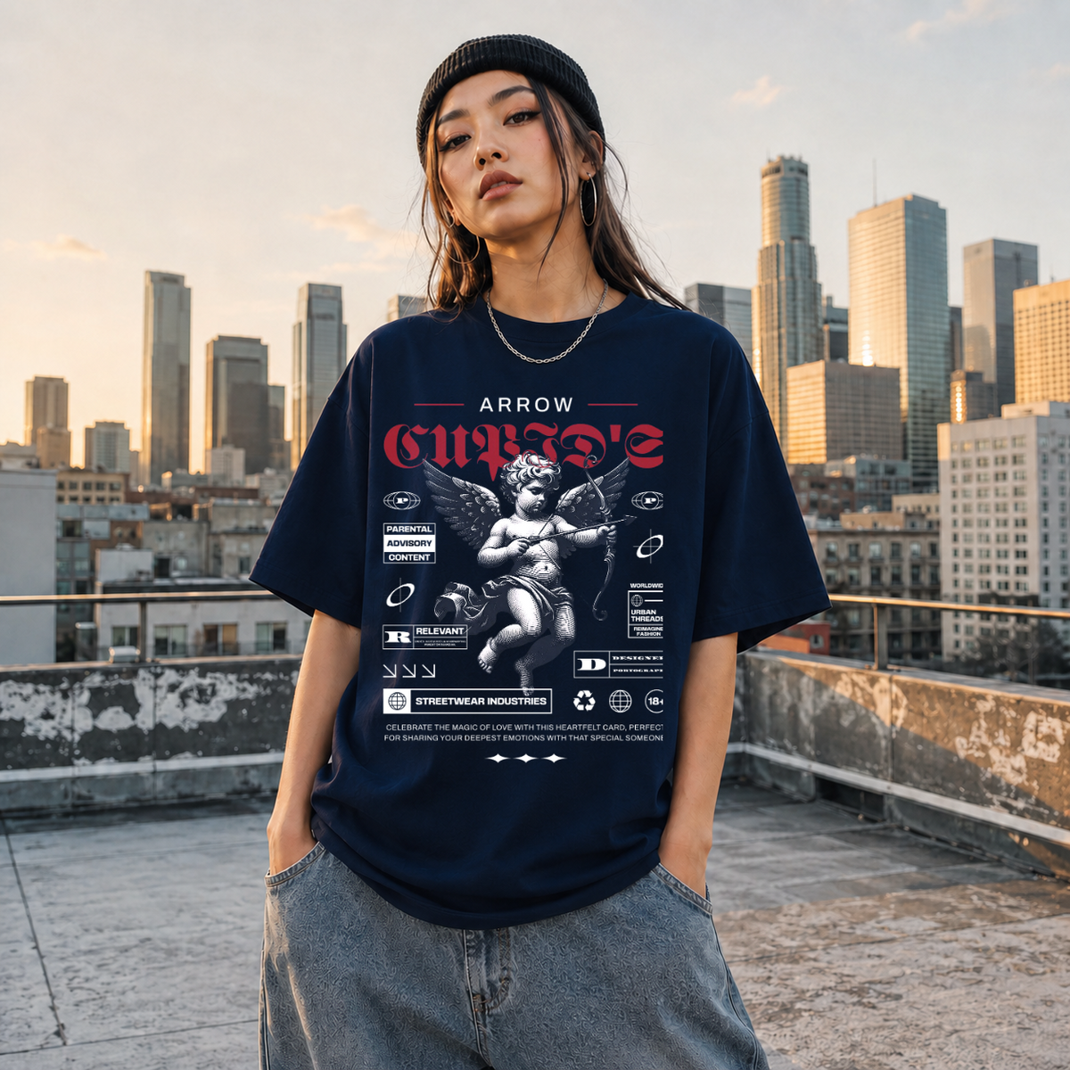 Cupid's Arrow T-Shirt – Religious Imagery Collage Graphic Tee - Color: Navy