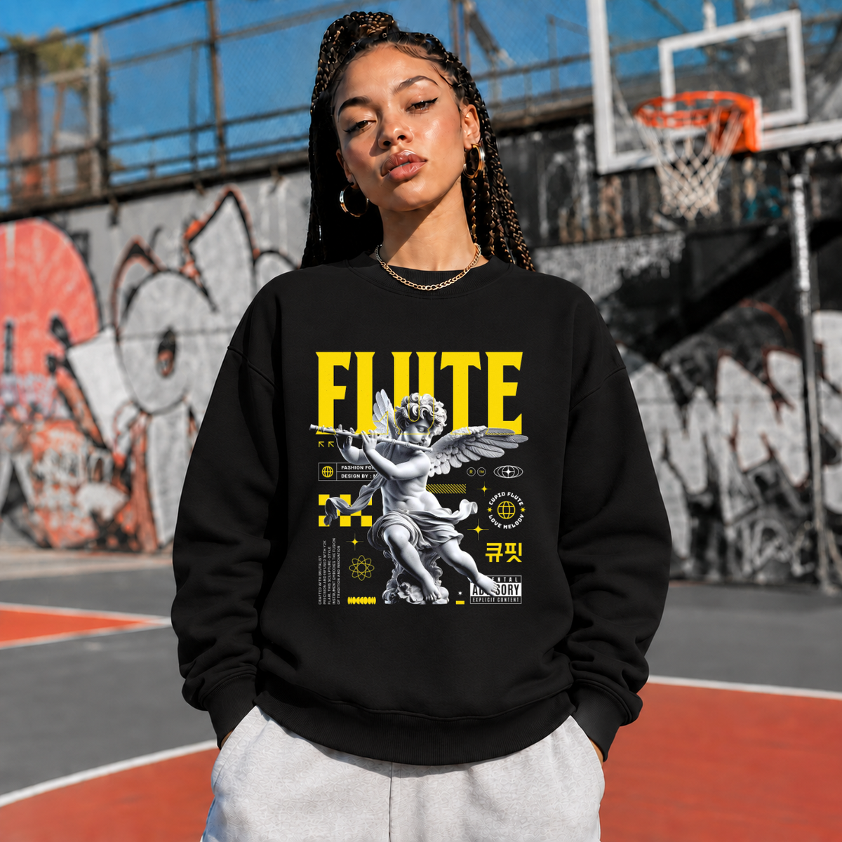 Cupid's Flute Sweatshirt – Religious Imagery Collage Graphic Sweatshirt - Color: black