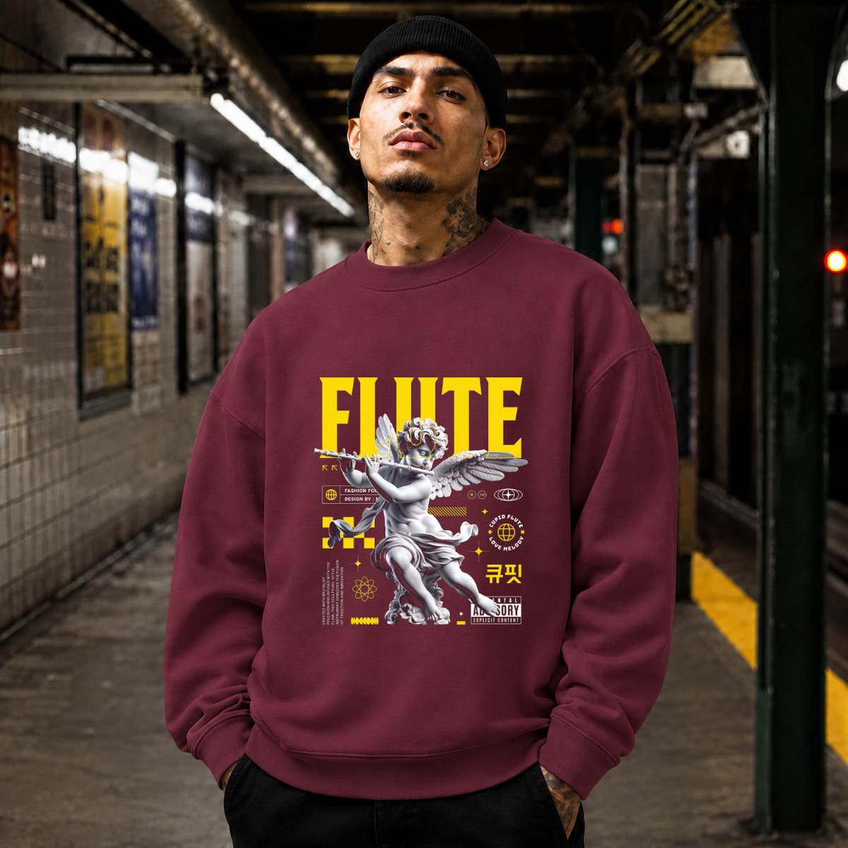 Cupid's Flute Sweatshirt – Religious Imagery Collage Graphic Sweatshirt - Color: maroon