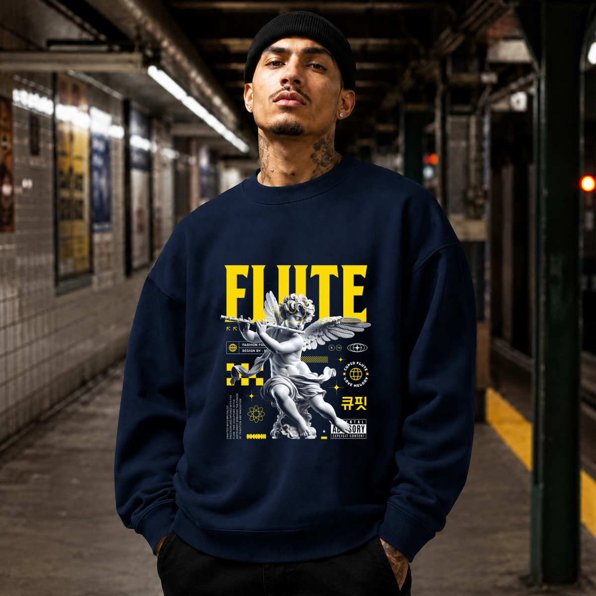 Cupid's Flute Sweatshirt – Religious Imagery Collage Graphic Sweatshirt - Color: navy