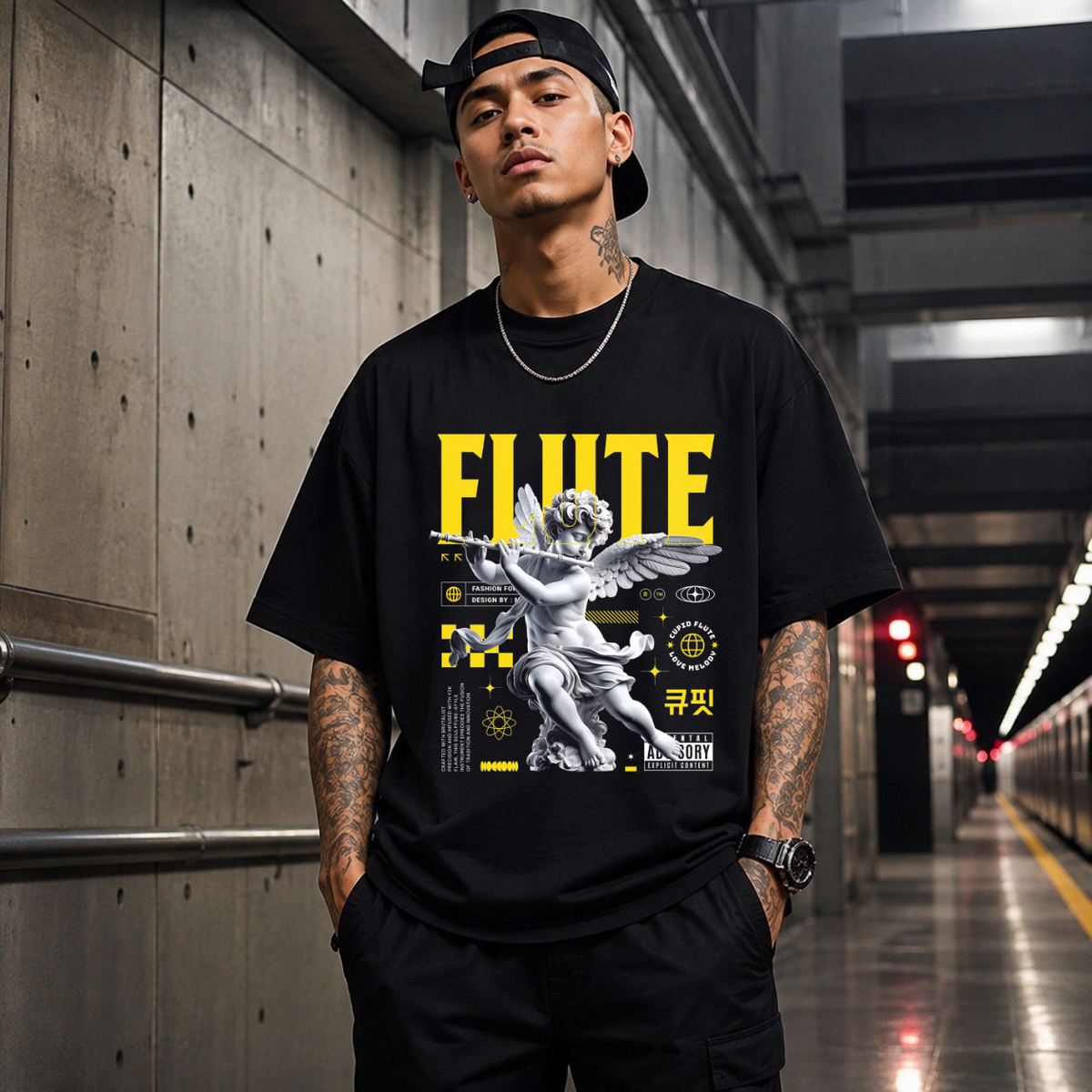 Cupid's Flute T-Shirt – Religious Imagery Collage Graphic Tee - Color: Black