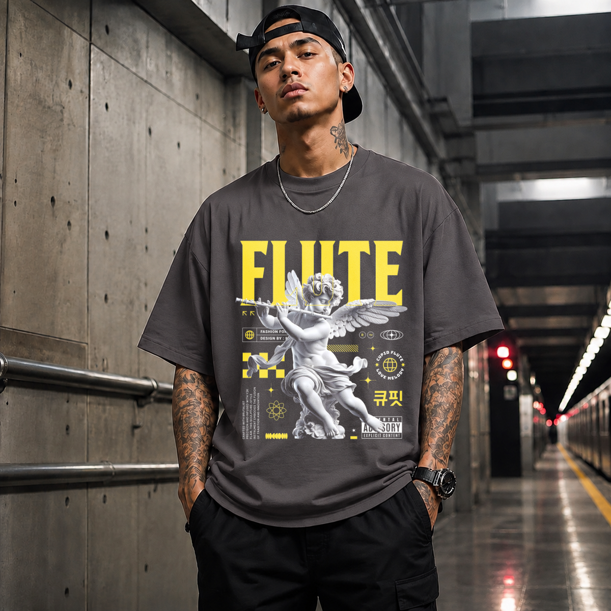 Cupid's Flute T-Shirt – Religious Imagery Collage Graphic Tee - Color: Charcoal