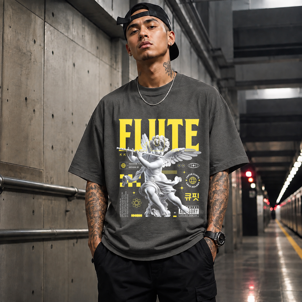 Cupid's Flute T-Shirt – Religious Imagery Collage Graphic Tee - Color: Dark Heather
