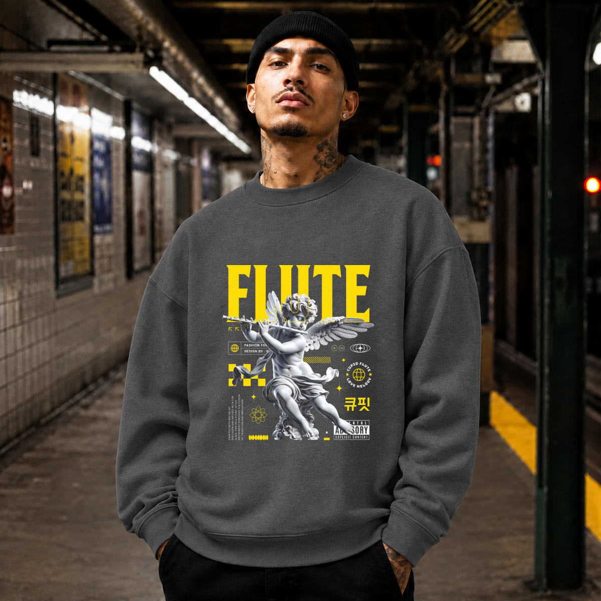Cupid's Flute T-Shirt – Religious Imagery Collage Graphic Tee - Color: dark heather