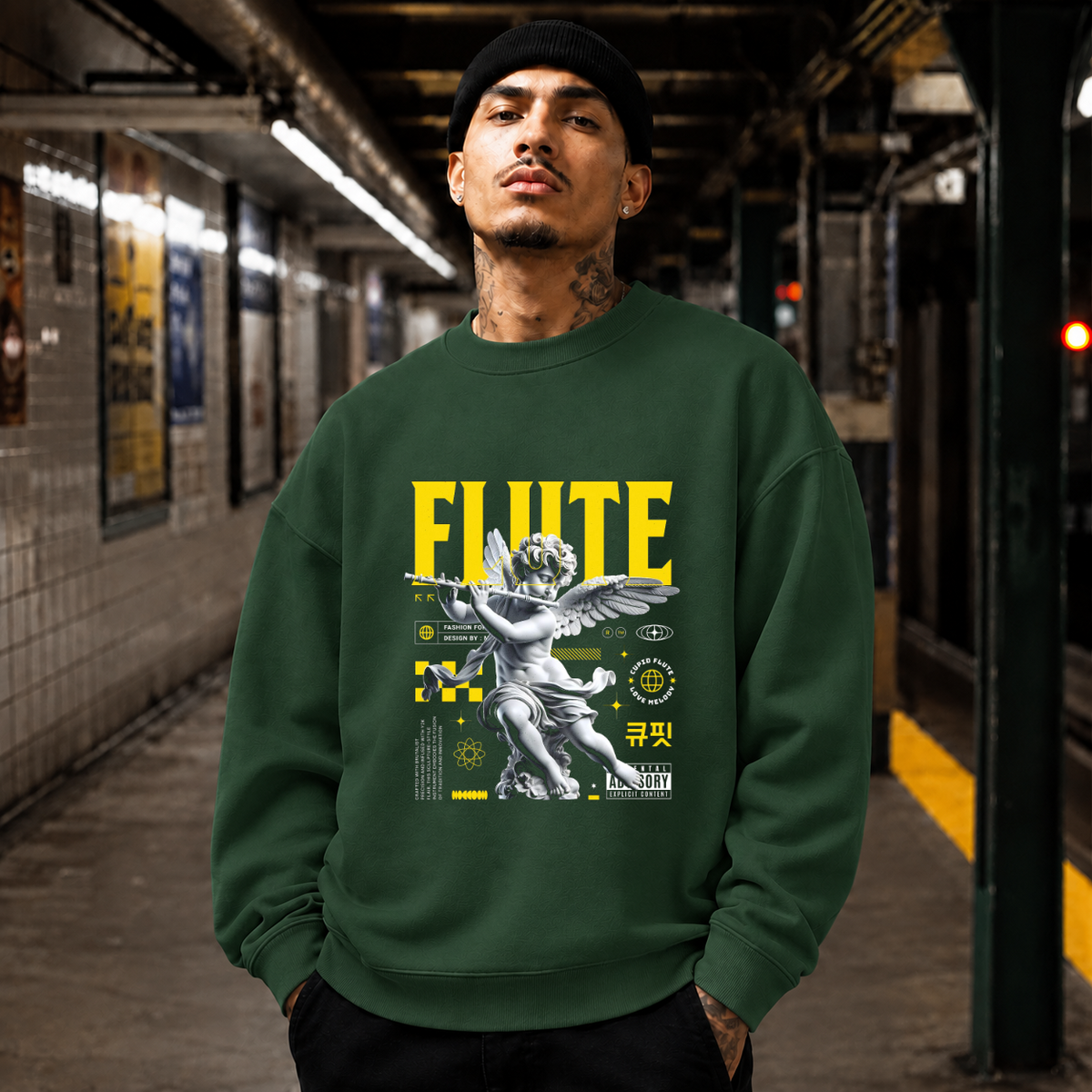 Cupid's Flute T-Shirt – Religious Imagery Collage Graphic Tee - Color: forest green