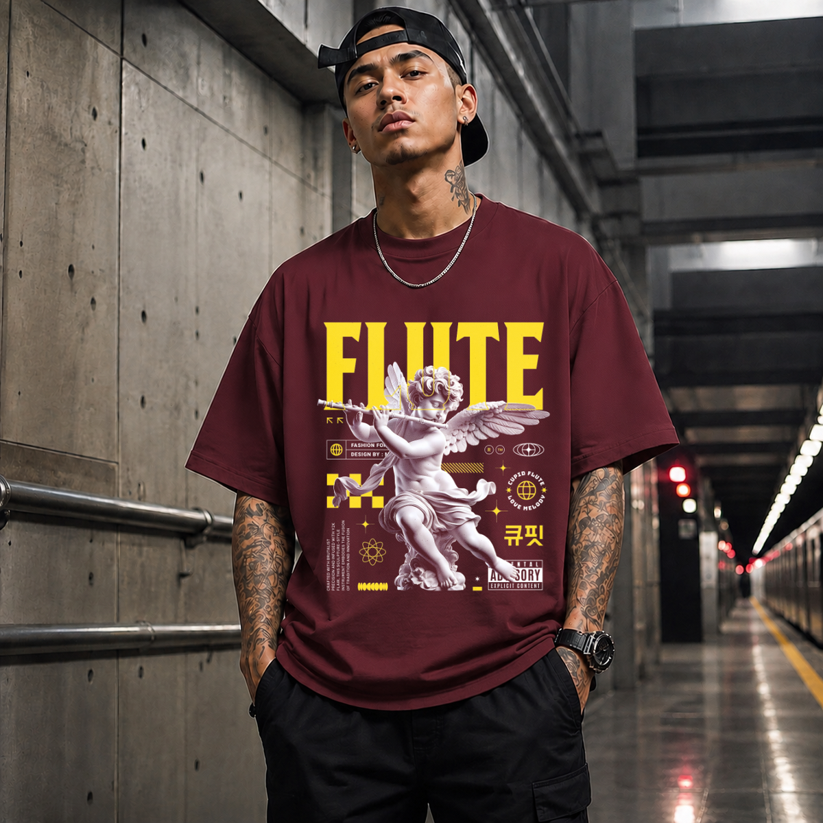 Cupid's Flute T-Shirt – Religious Imagery Collage Graphic Tee - Color: Maroon