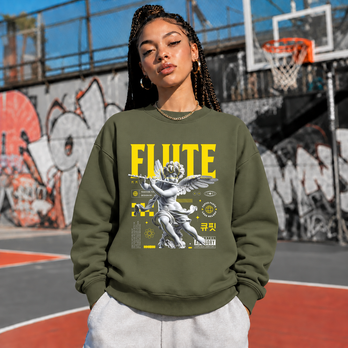 Cupid's Flute T-Shirt – Religious Imagery Collage Graphic Tee - Color: military green
