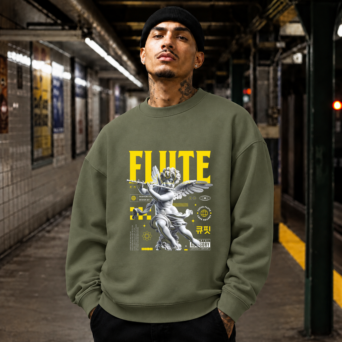 Cupid's Flute T-Shirt – Religious Imagery Collage Graphic Tee - Color: military green