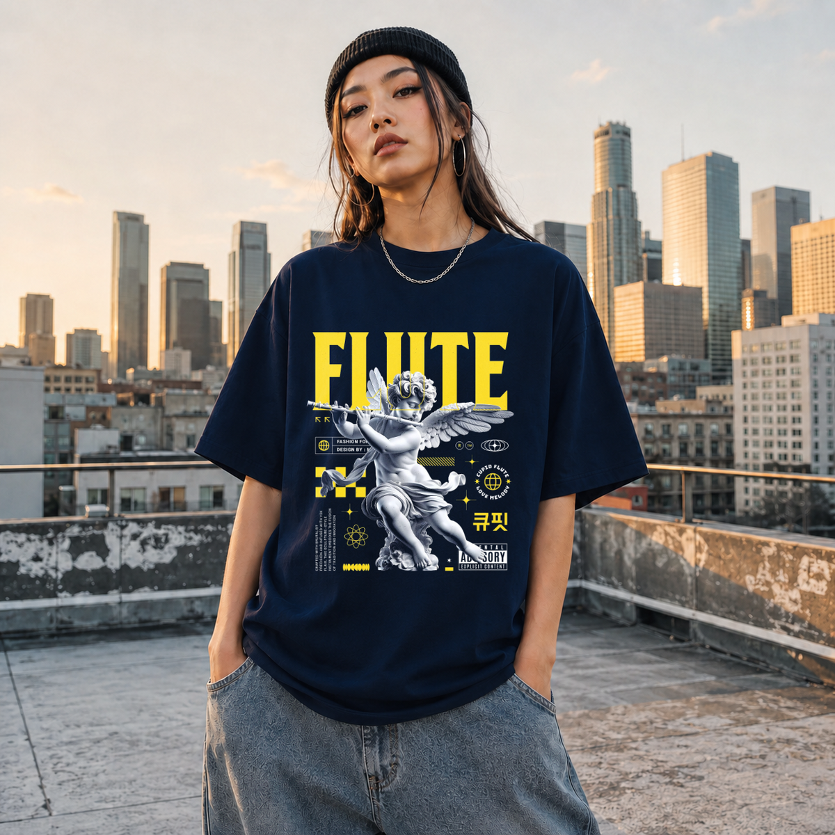 Cupid's Flute T-Shirt – Religious Imagery Collage Graphic Tee - Color: Navy