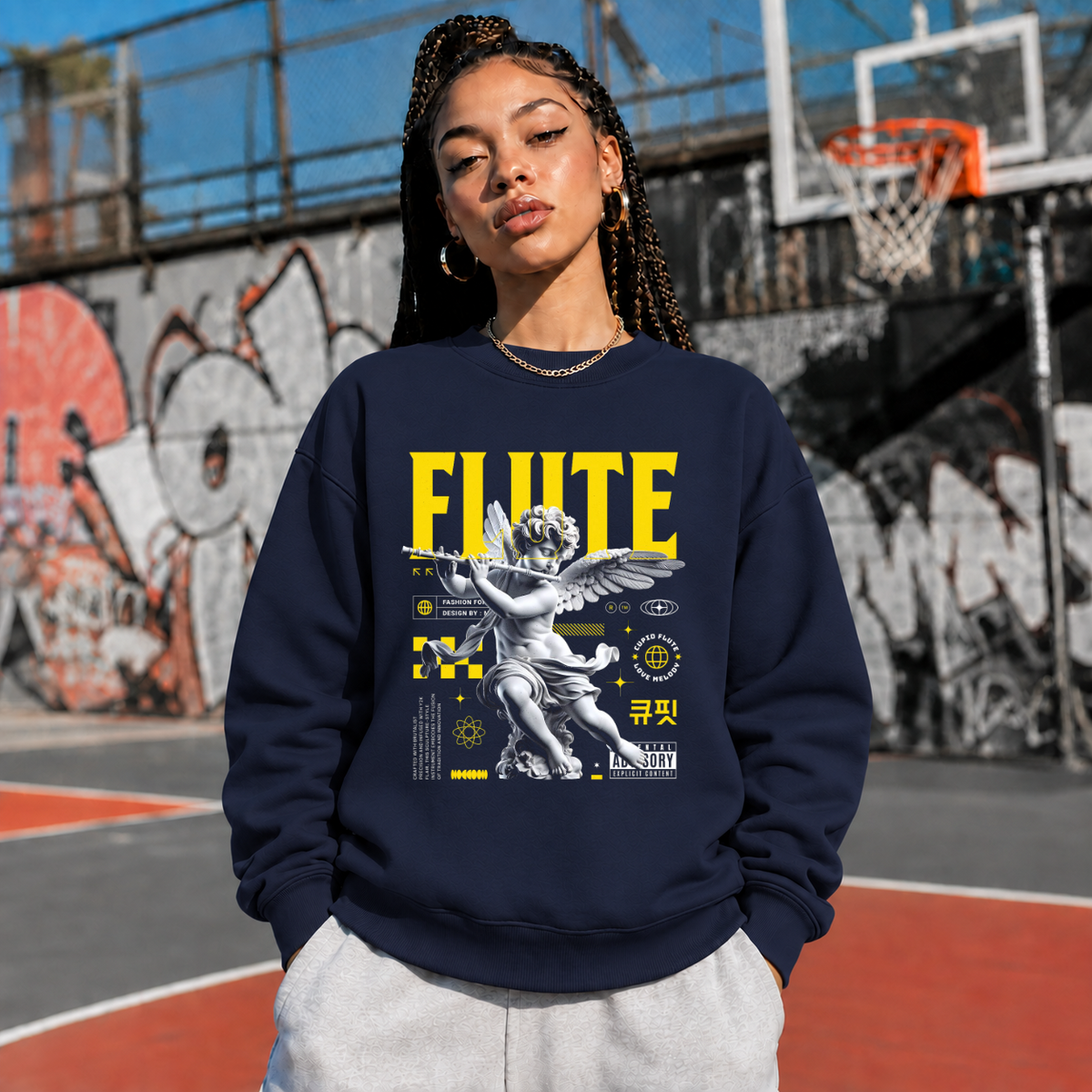 Cupid's Flute T-Shirt – Religious Imagery Collage Graphic Tee - Color: navy