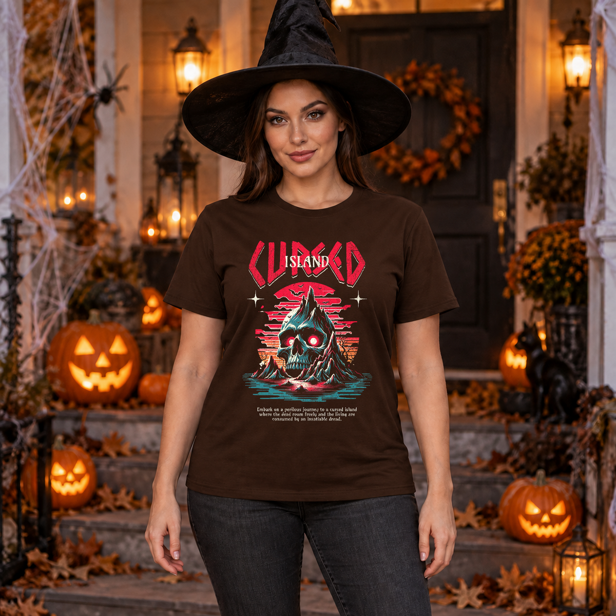 Cursed Island T-Shirt – Skull & Reaper Gothic Graphic Graphic Tee - Color: chocolate