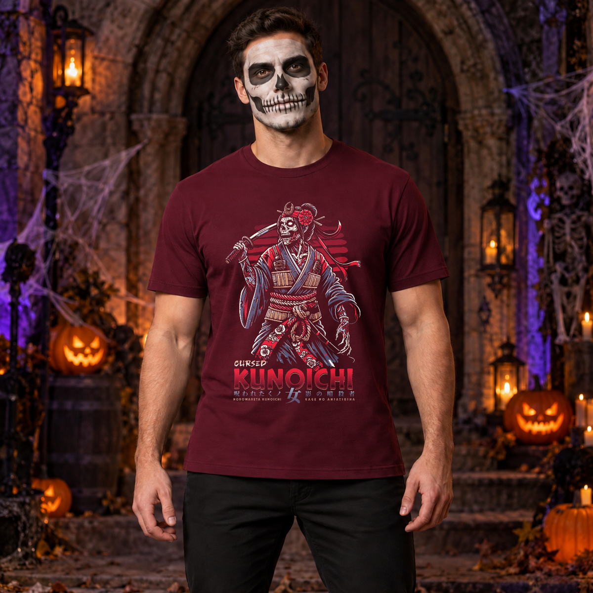 Cursed Kunoichi T-Shirt – Skull & Reaper Gothic Graphic Graphic Tee - Color: maroon