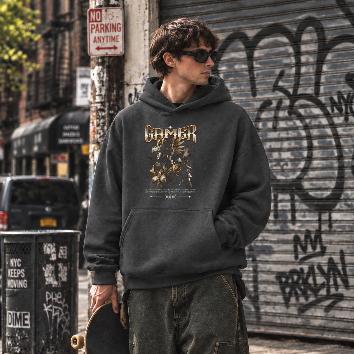 Cyber Gamer Knight Hoodie – Contemporary Gothic Graphic Design Hoodie - Color: dark heather