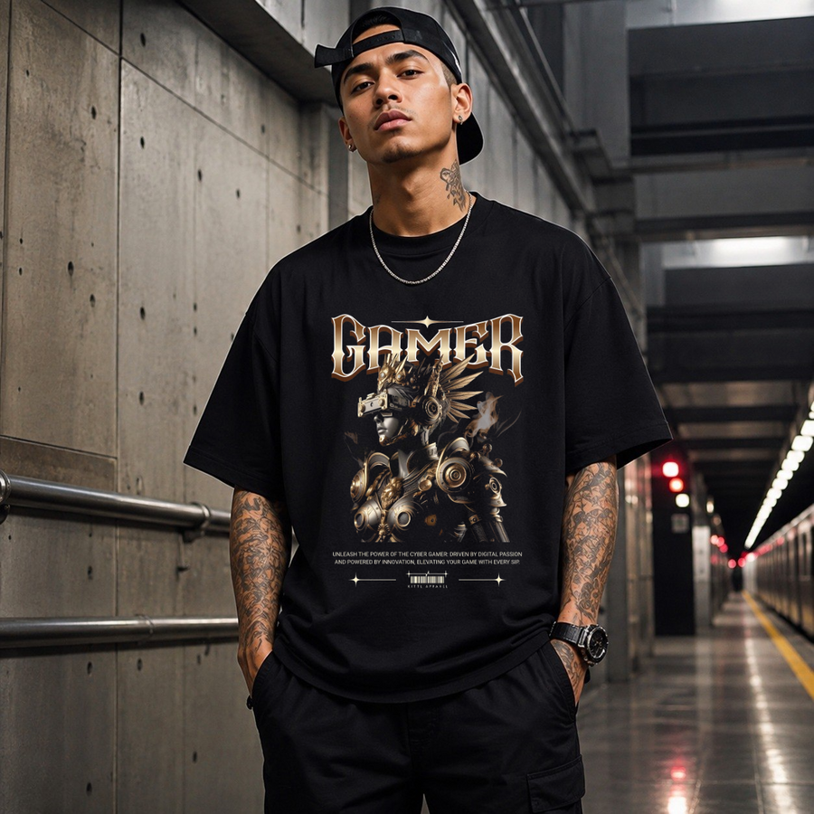 Cyber Gamer Knight T-Shirt – Contemporary Gothic Graphic Design Tee - Color: Black
