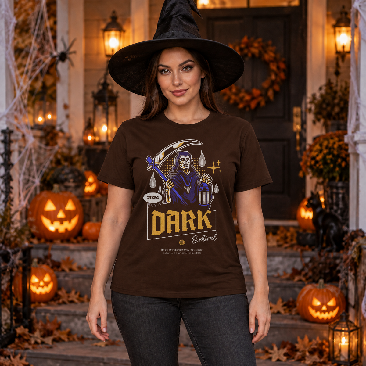 Dark Sentinel T-Shirt – Skull & Reaper Gothic Graphic Graphic Tee - Color: chocolate