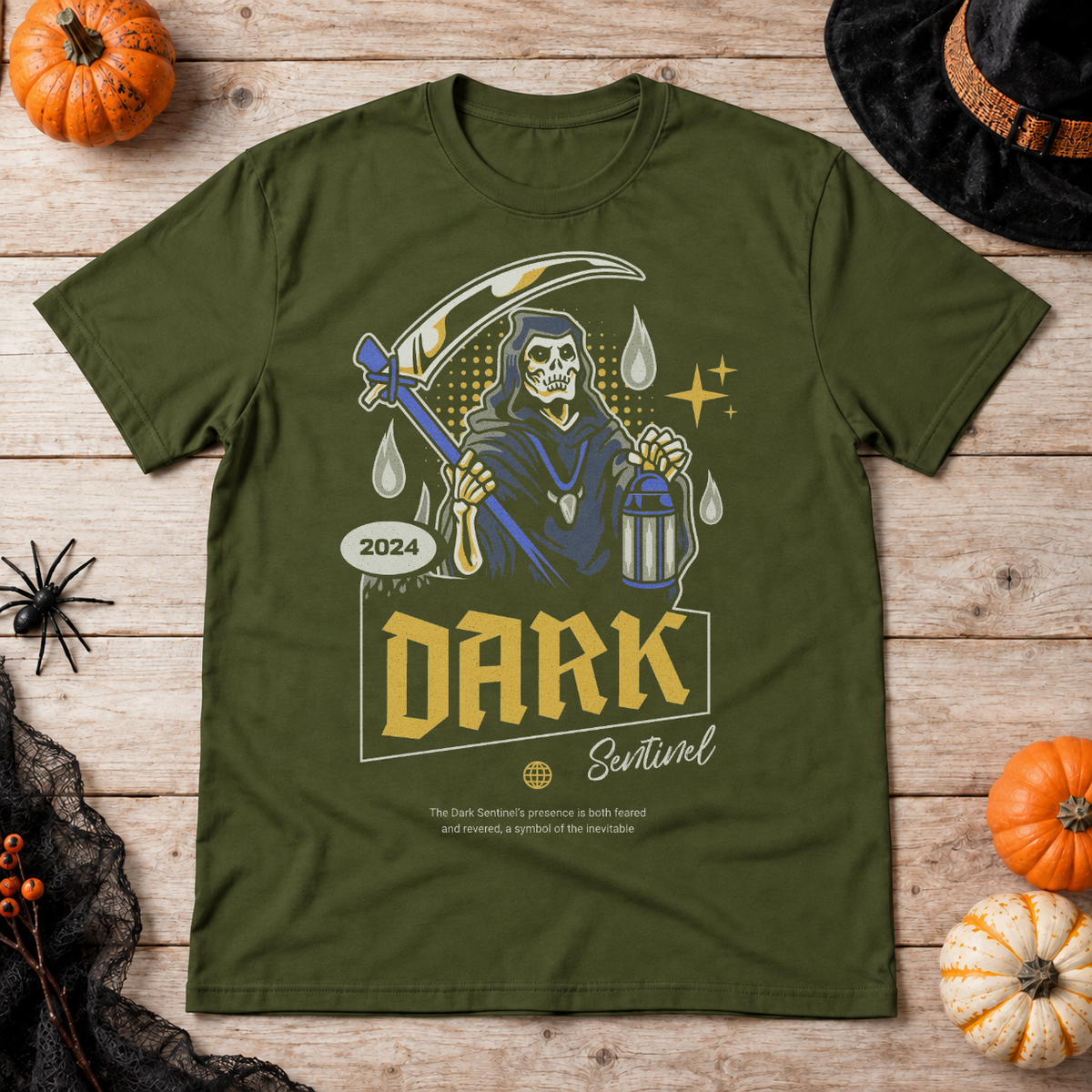 Dark Sentinel T-Shirt – Skull & Reaper Gothic Graphic Graphic Tee - Color: military green