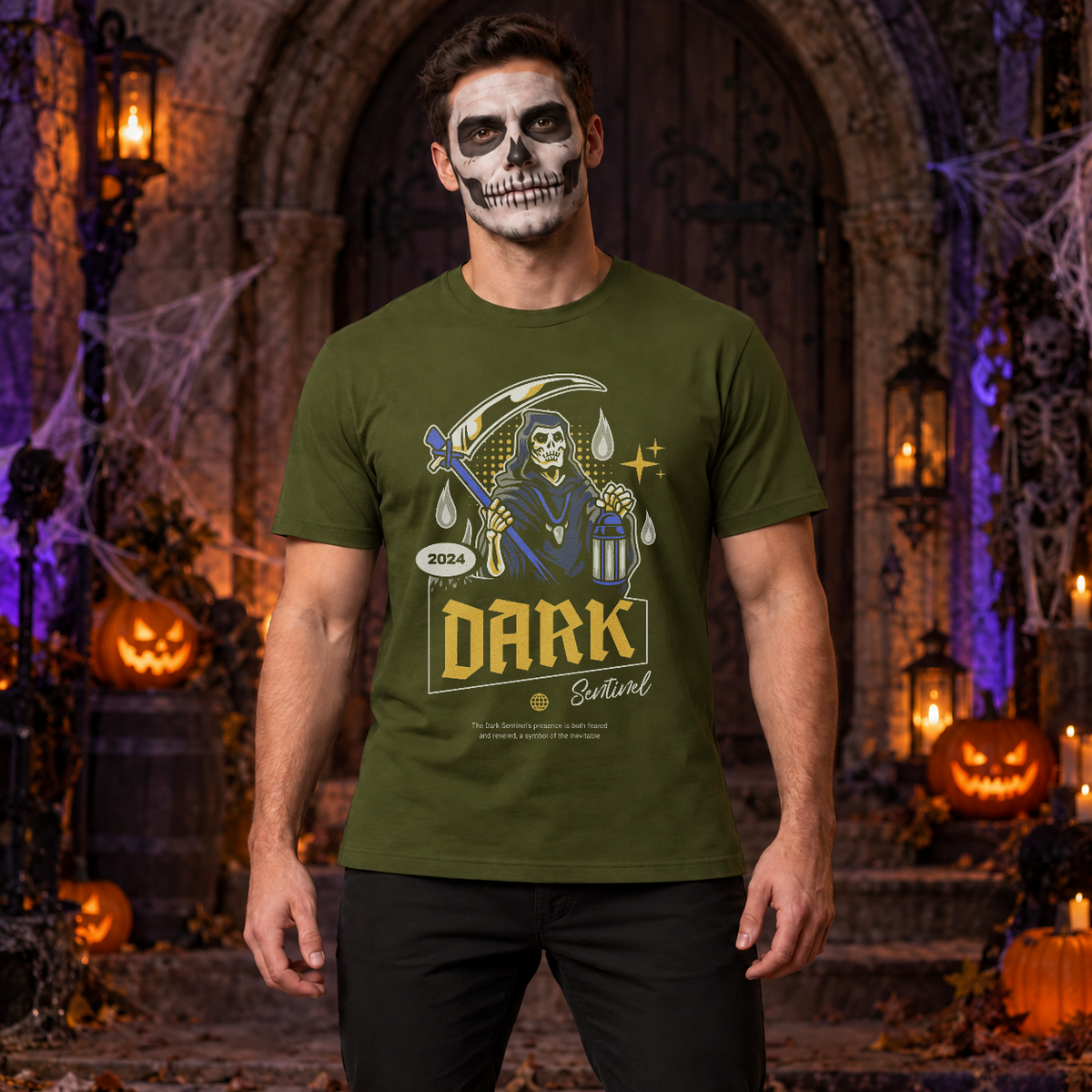 Dark Sentinel T-Shirt – Skull & Reaper Gothic Graphic Graphic Tee - Color: military green