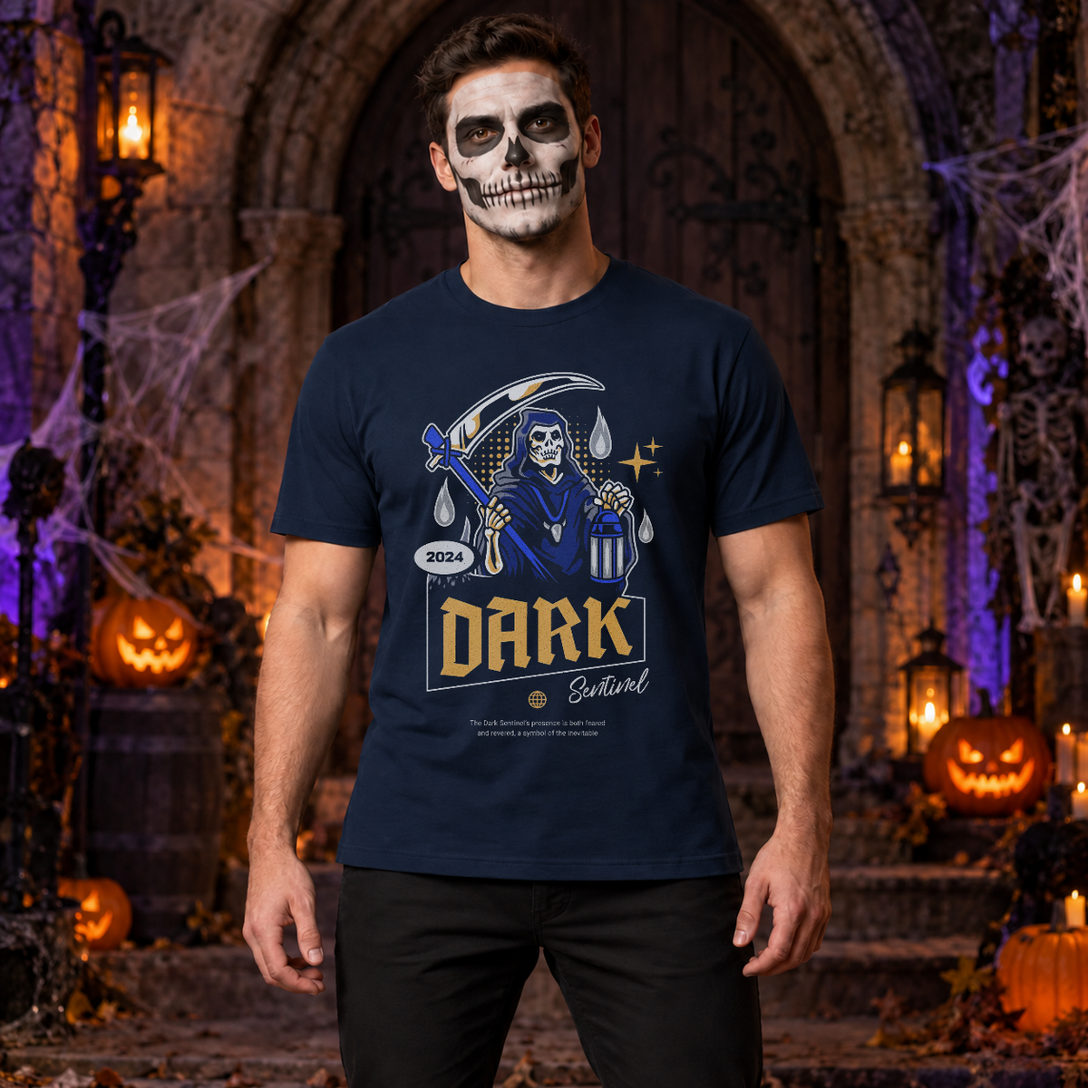 Dark Sentinel T-Shirt – Skull & Reaper Gothic Graphic Graphic Tee - Color: navy
