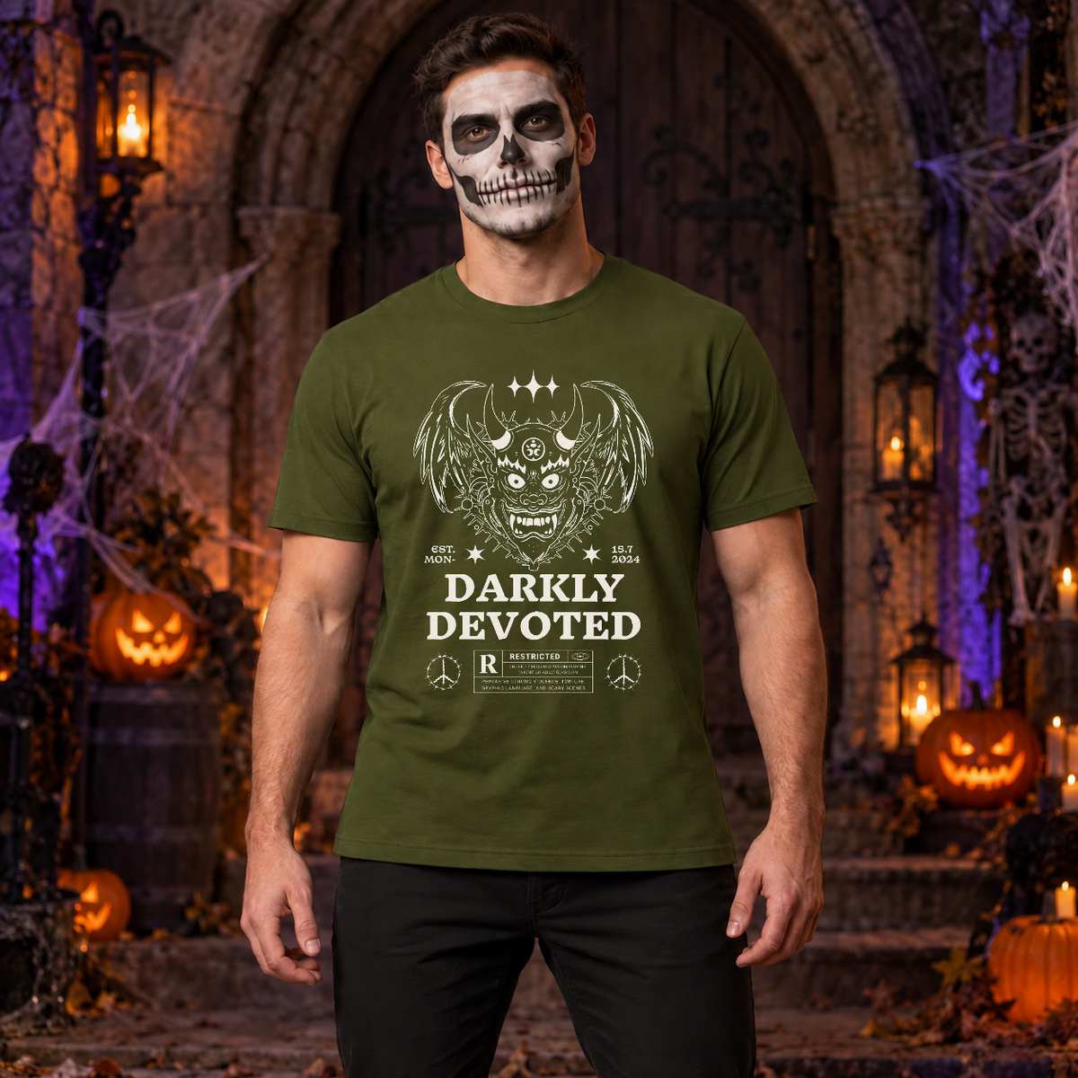 Darkly Devoted T-Shirt – Dark Gothic Halloween Graphic Graphic Tee - Color: military green