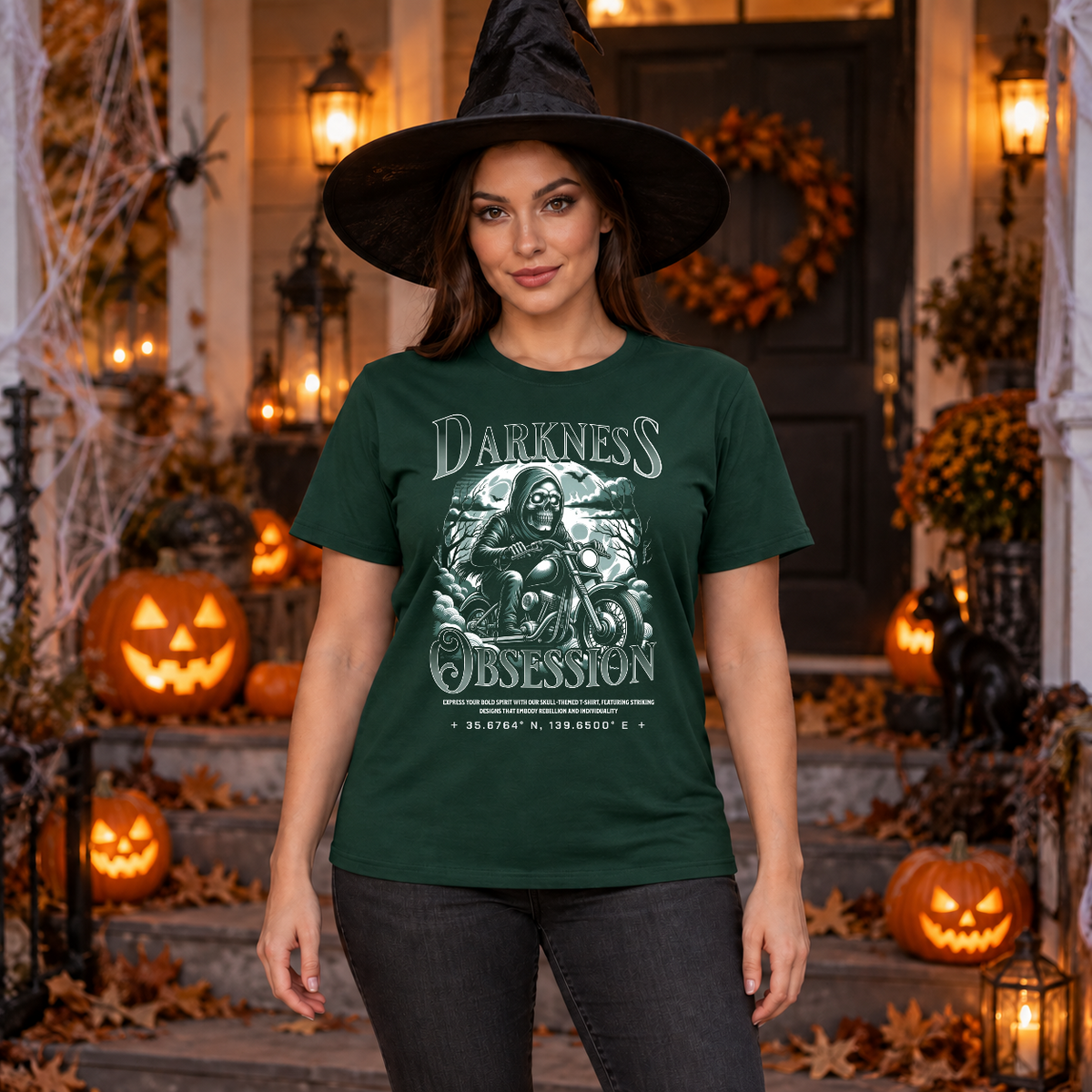 Darkness Obsession T-Shirt – Dark Gothic Halloween Graphic Graphic Tee - Color: forest green