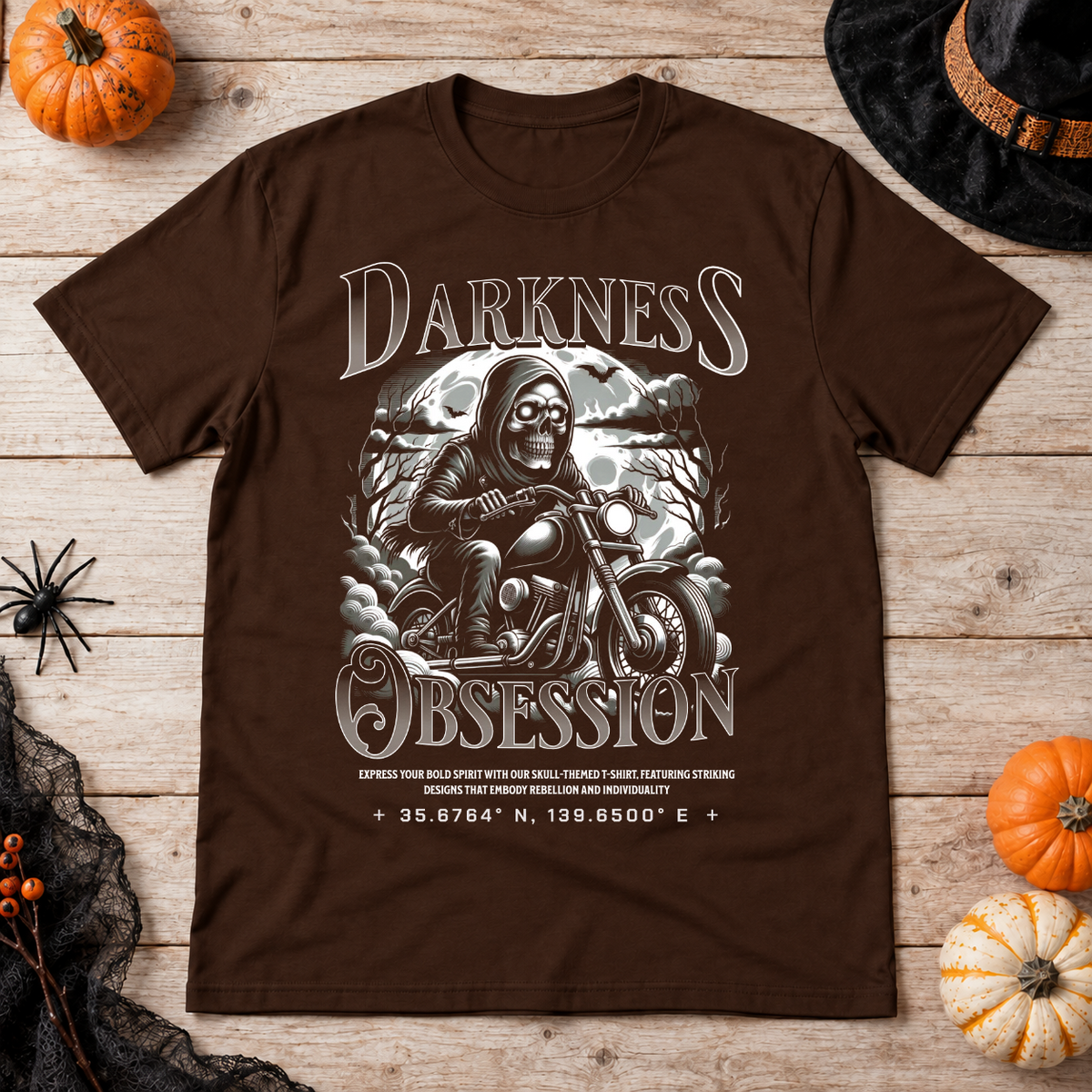 Darkness Obsession T-Shirt – Skull & Reaper Gothic Graphic Graphic Tee - Color: chocolate