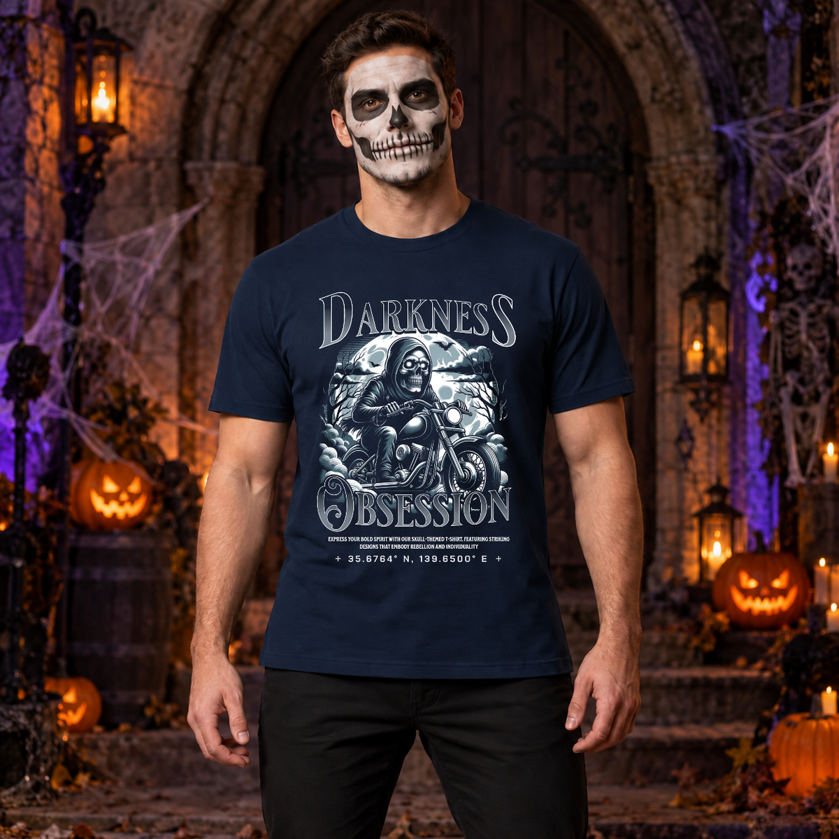 Darkness Obsession T-Shirt – Skull & Reaper Gothic Graphic Graphic Tee - Color: navy