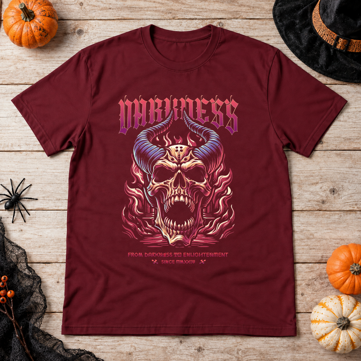 Darkness Skull T-Shirt – Skull & Reaper Gothic Graphic Graphic Tee - Color: maroon