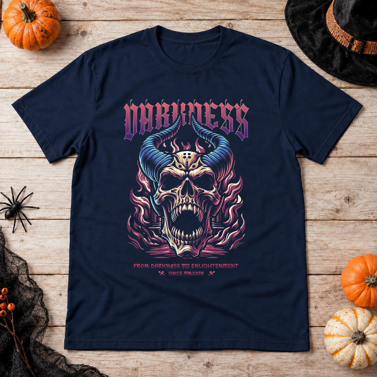 Darkness Skull T-Shirt – Skull & Reaper Gothic Graphic Graphic Tee - Color: navy