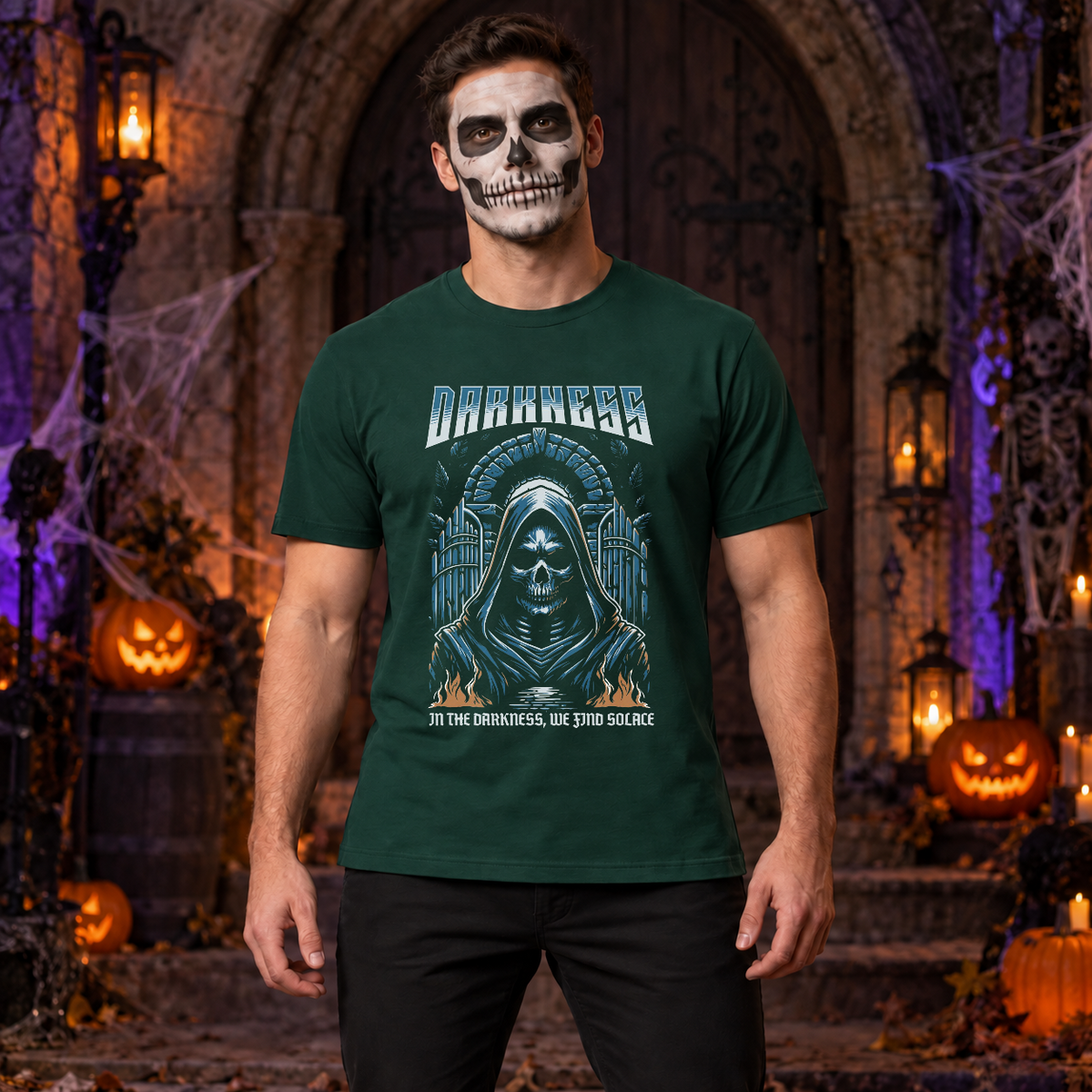 Darkness T-Shirt – Skull & Reaper Gothic Graphic Graphic Tee - Color: forest green